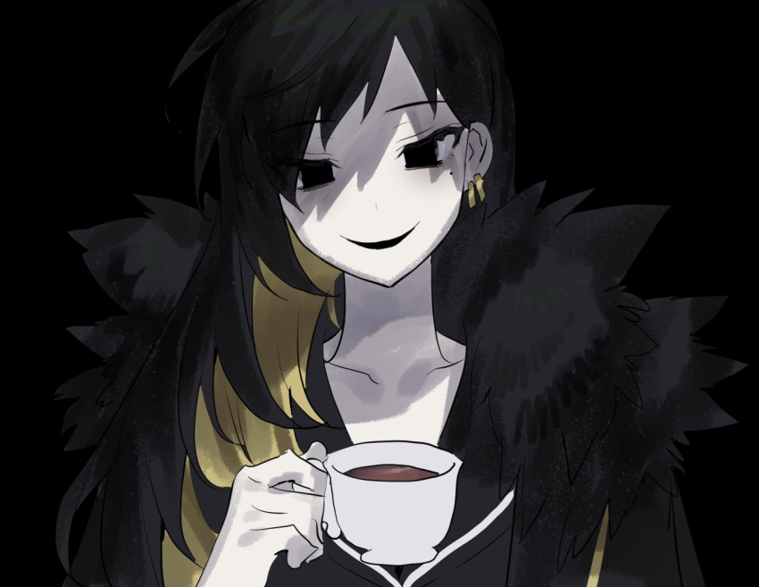 1girl, bangs, binah_(project_moon), black_background, black_eyes, black_hair, blonde_hair, cup