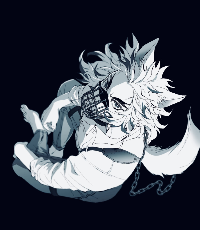 1boy, animal_ears, barefoot, blurry, chain, collared_shirt, colored_tips, depth_of_field
