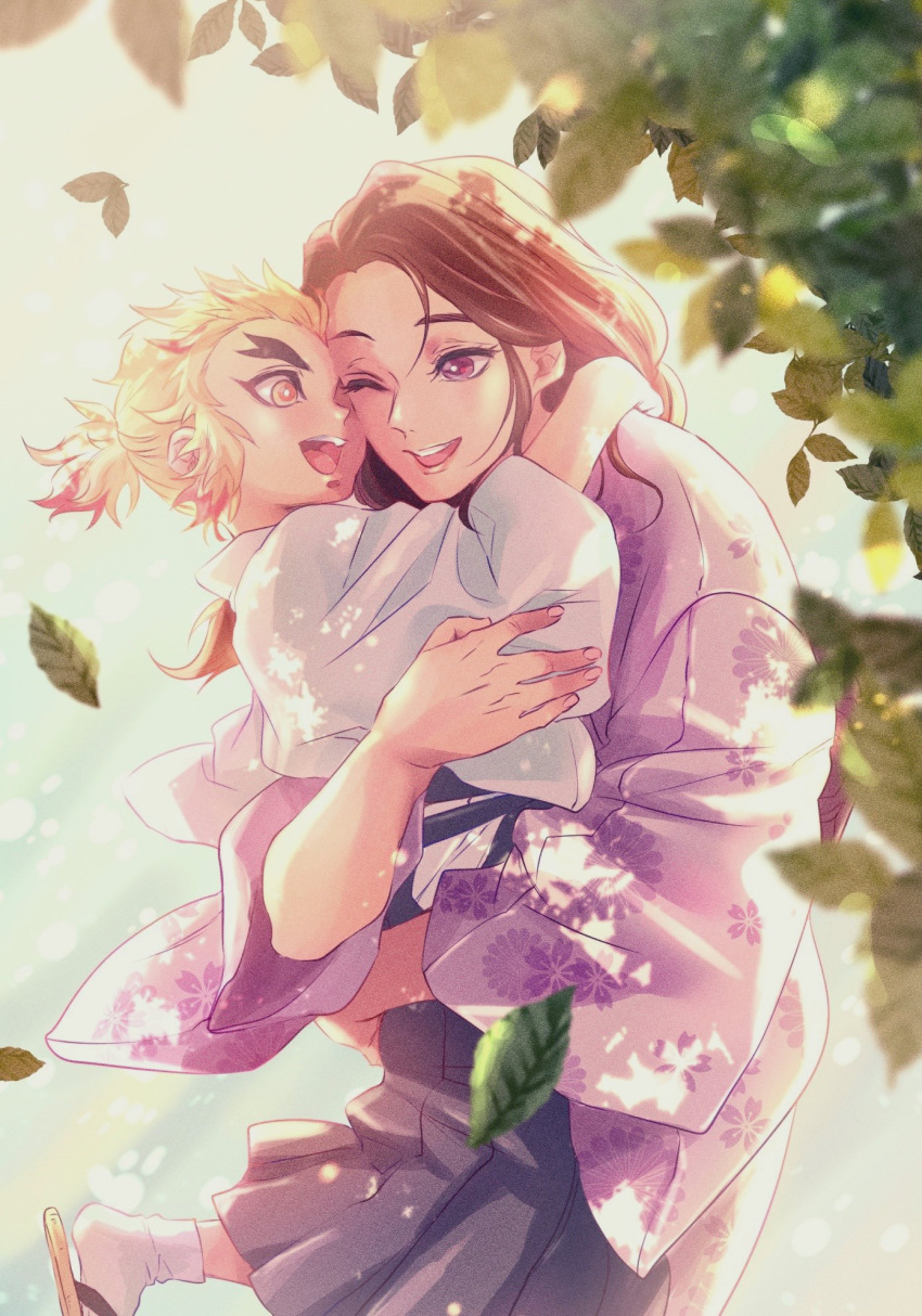 1boy, 1girl, blonde_hair, blurry, brown_hair, carrying, child, child_carry