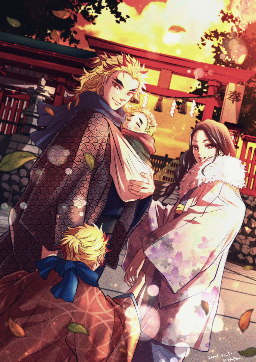 1girl, 3boys, baby, babywearing, blonde_hair, blue_eyes, blurry, bokeh