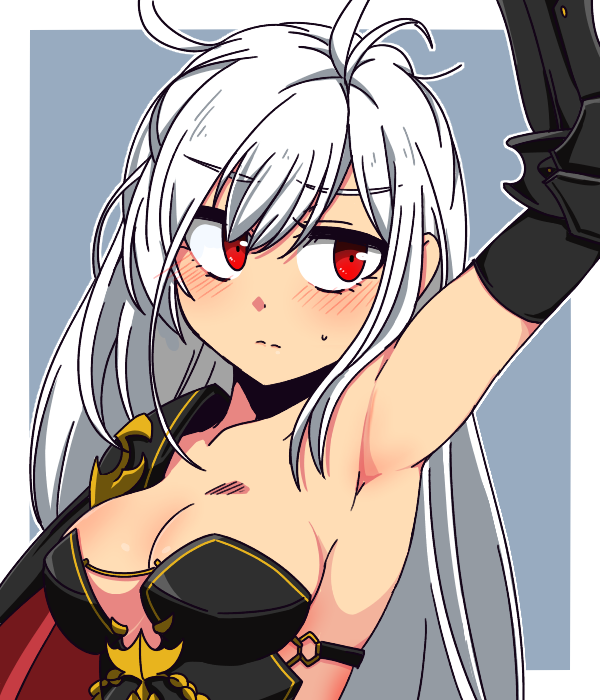 1girl, arm_up, armor, armpits, black_armor, blush, dark_templar_(dungeon_and_fighter), dungeon_and_fighter
