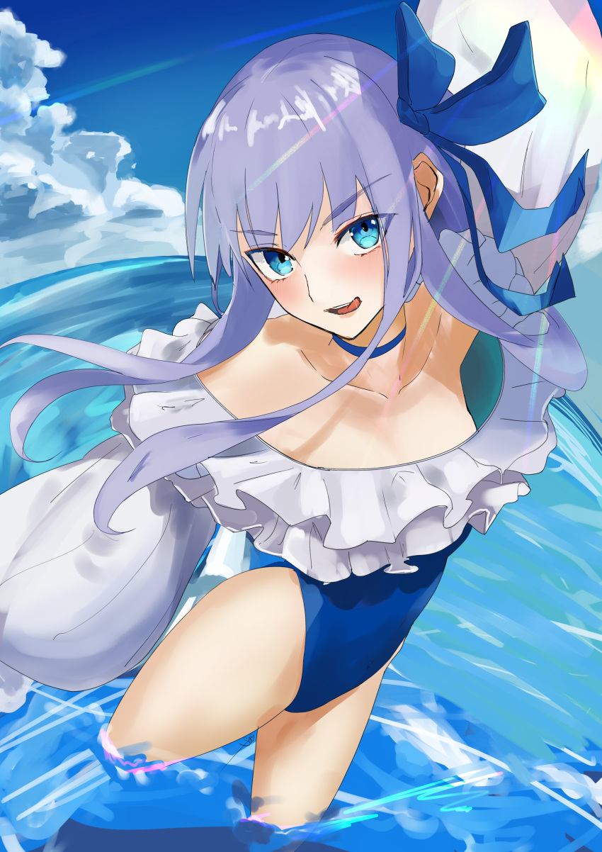 1girl, absurdres, aya_roushi, bangs, bare_shoulders, blue_eyes, blue_ribbon, blue_sky