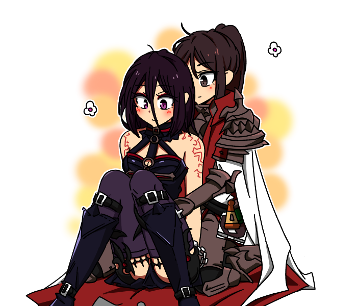 2girls, armor, black_hair, blush, boots, brown_hair, cape, dungeon_and_fighter
