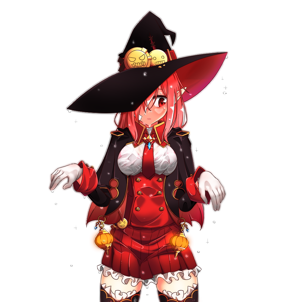 1girl, cape, collar, dungeon_and_fighter, gloves, hat, long_hair, looking_down, mage_(dungeon_and_fighter), red_skirt, redhead, skirt, solo, sss_(komojinos3), upper_body, wet, witch, witch_(dungeon_and_fighter), witch_hat