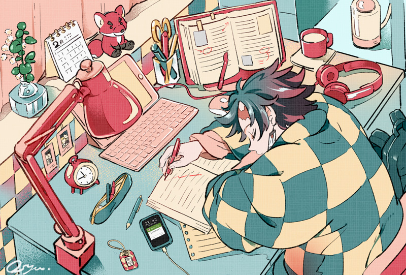 0shu_0v0, 1boy, alarm_clock, arm_pillow, backpack, backpack_removed, bag, book, bookmark, calendar_(object), cellphone, chair, charm_(object), checkered_clothes, clock, coat, contemporary, cup, curtains, desk, desk_lamp, earrings, eyelashes, flipped_hair, from_above, green_hair, hanten_(clothes), head_on_table, headphones, headphones_removed, holding, holding_pen, indoors, jewelry, kamado_tanjirou, keyboard_(computer), kimetsu_no_yaiba, lamp, long_sleeves, male_focus, mouse_(computer), mug, multicolored_hair, notebook, open_book, paper, pen, pencil_case, phone, photo_(object), profile, redhead, saucer, scar, scar_on_face, scar_on_forehead, scissors, short_hair, sitting, sleeping, solo, stuffed_animal, stuffed_fox, stuffed_toy, tablet_pc, tile_wall, tiles, two-tone_hair, upper_body, vase, windowsill