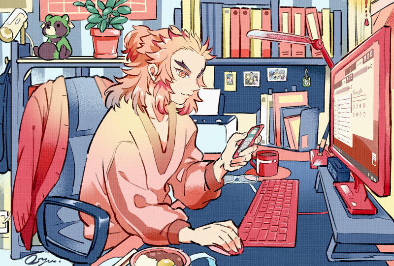 0shu_0v0, 1boy, at_computer, bookshelf, bowl, cardigan_removed, cellphone, chair