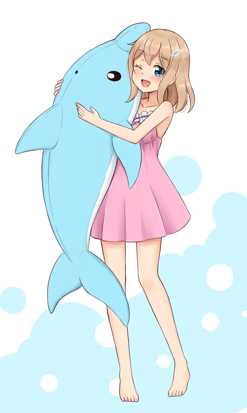 1girl, ;d, absurdres, aona_(shiraha_maru), bare_arms, bare_legs, bare_shoulders, barefoot