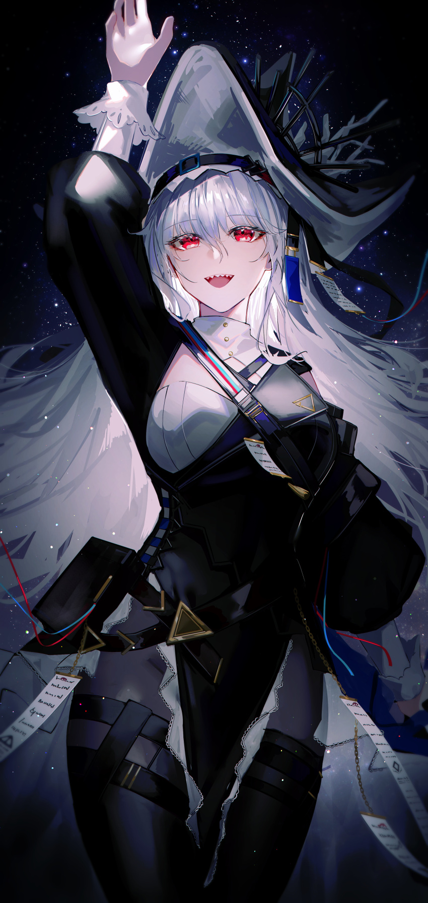 1girl, absurdres, akqne, arknights, black_background, black_dress, black_headwear, black_legwear