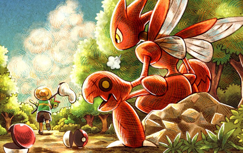 1boy, brown_headwear, bug_catcher_(pokemon), butterfly_net, caterpie, commentary_request, day, from_below