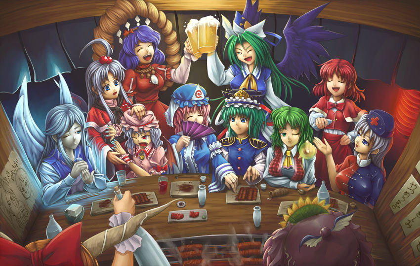 ascot, bat_wings, beer, black_wings, blue_eyes, bow, chopsticks, drinking
