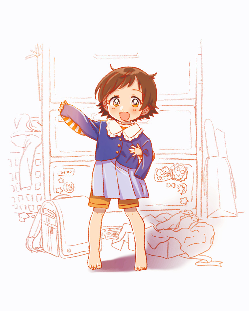 24takokai10, backpack, bag, bangs, barefoot, blue_shirt, blue_skirt, box, brown_hair, buttons, child, collared_shirt, commentary, dot_nose, eyebrows, furniture, honda_mio, idolmaster, idolmaster_cinderella_girls, light_blush, long_sleeves, looking_at_viewer, monochrome_background, open_mouth, orange_shirt, orange_shorts, pleated_skirt, randoseru, shirt, short_hair, shorts, skirt, smile, solo, standing, sticker, striped, striped_shirt, yellow_eyes, younger