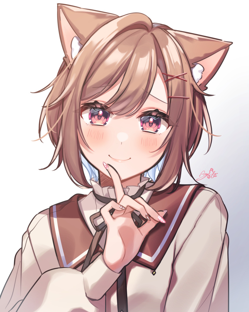 1girl, absurdres, animal_ear_fluff, animal_ears, anzu_1026, bangs, black_ribbon, blush, brown_hair, closed_mouth, hair_ornament, hand_up, highres, ichiria_(vtuber), index_finger_raised, indie_virtual_youtuber, long_sleeves, looking_at_viewer, neck_ribbon, pink_eyes, pink_nails, puffy_sleeves, ribbon, sailor_collar, short_hair, smile, solo, upper_body, virtual_youtuber, x_hair_ornament