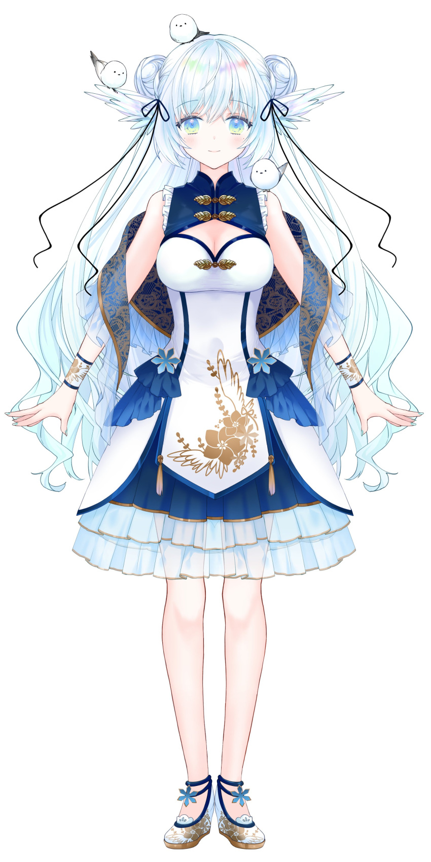 1girl, absurdres, animal, ankle_strap, arms_at_sides, bangs, bird, blue_eyes