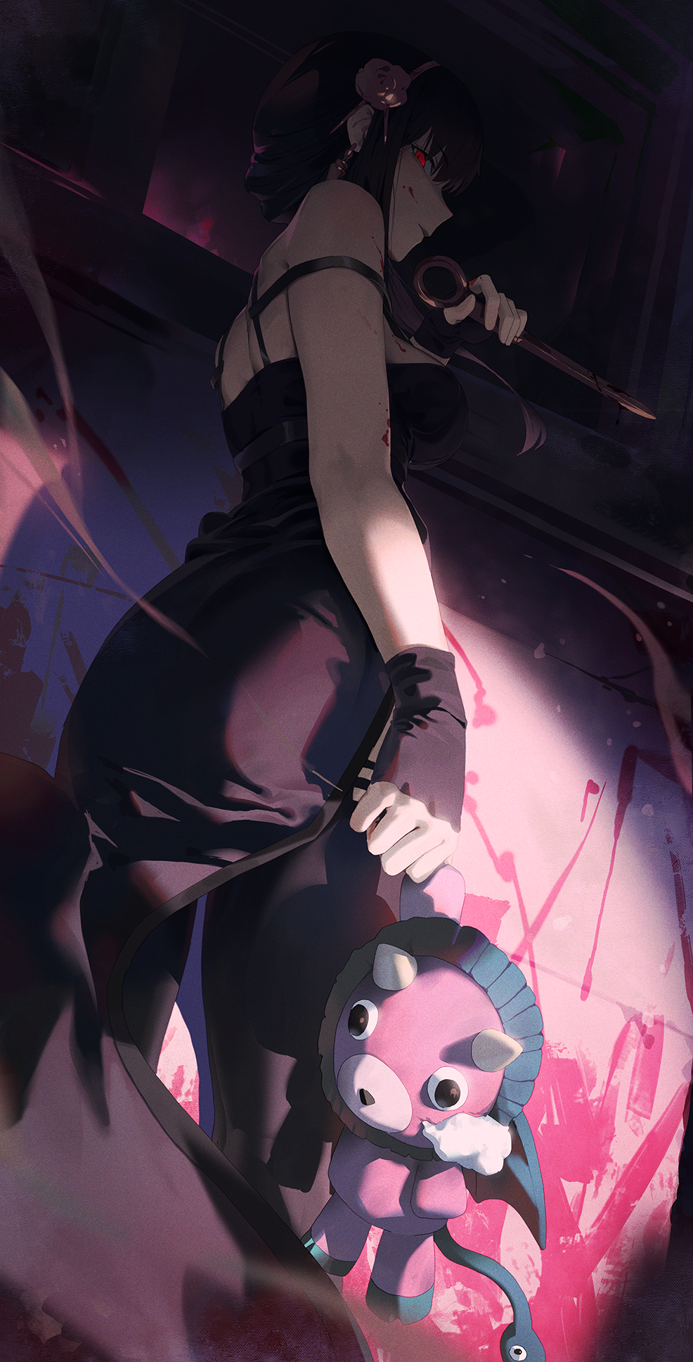 1girl, back, bangs, bare_shoulders, black_dress, black_gloves, black_hair, black_legwear