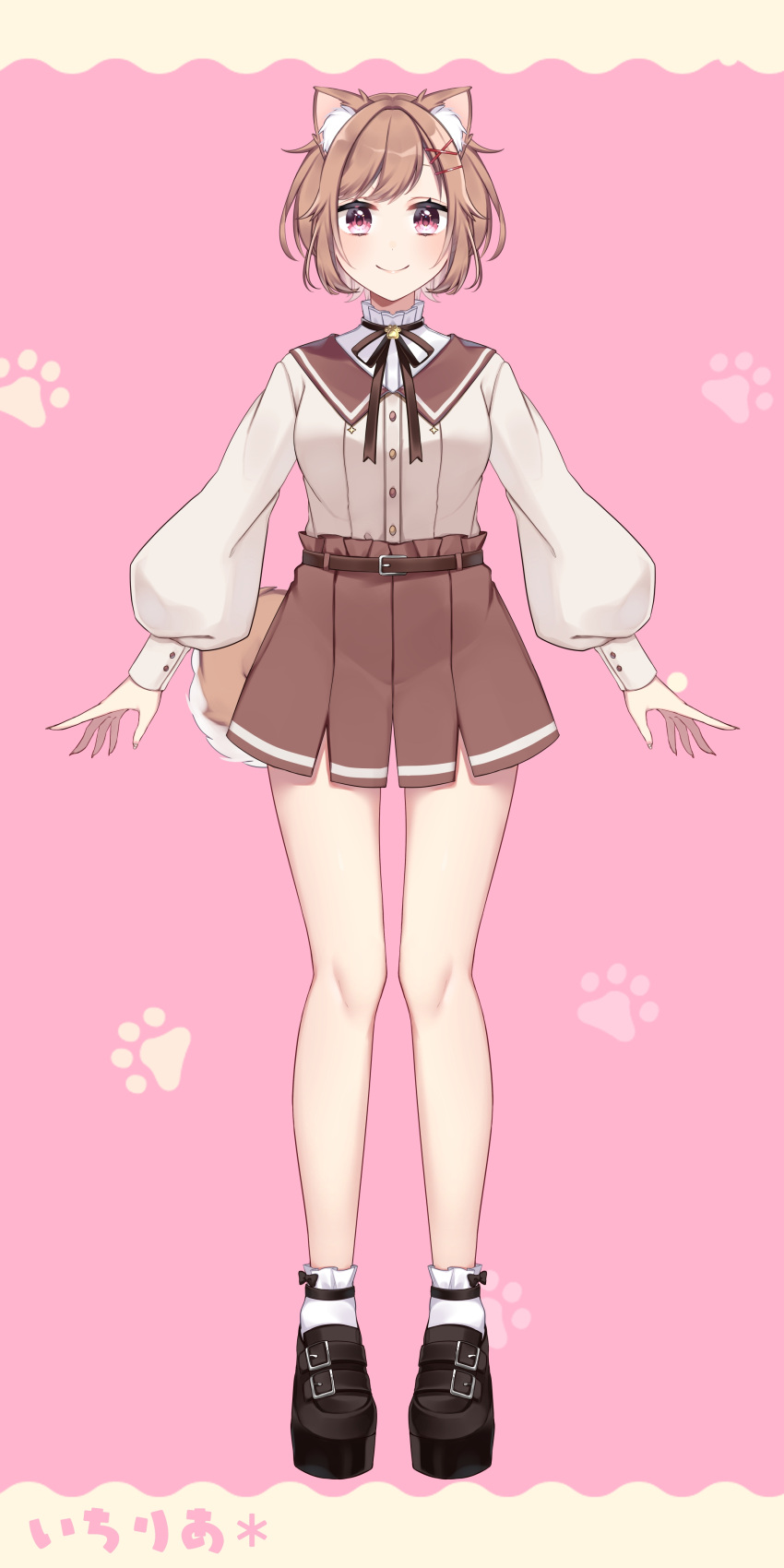 1girl, absurdres, animal_ear_fluff, animal_ears, anzu_1026, arms_at_sides, belt, breasts, brown_belt, brown_footwear, brown_hair, brown_ribbon, brown_skirt, character_name, closed_mouth, full_body, hair_ornament, highres, ichiria_(vtuber), indie_virtual_youtuber, long_sleeves, looking_at_viewer, medium_breasts, neck_ribbon, pink_eyes, puffy_sleeves, ribbon, sailor_collar, shoes, short_hair, skirt, smile, socks, solo, standing, virtual_youtuber, white_legwear, x_hair_ornament
