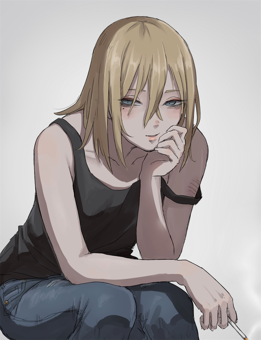 1girl, bangs, black_shirt, blonde_hair, blue_eyes, blue_pants, cigarette, collarbone