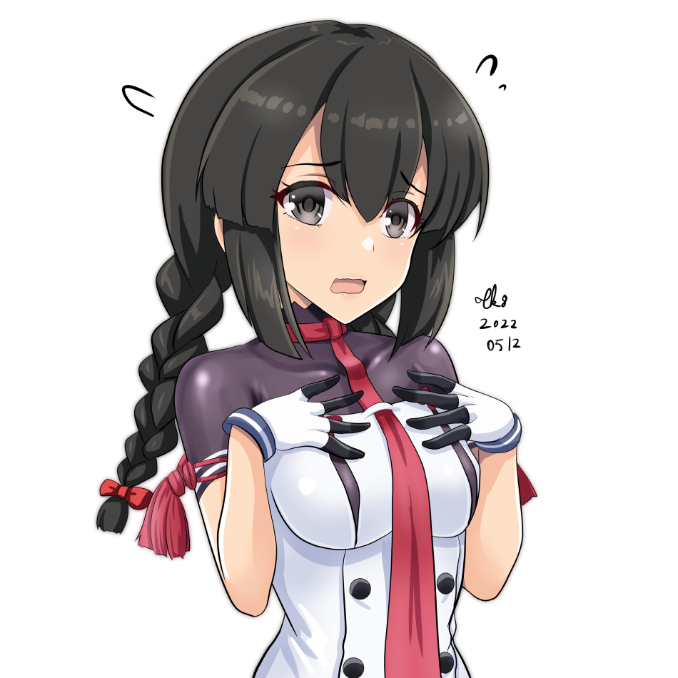 1girl, black_eyes, black_hair, braid, breasts, cosplay, dress, gloves