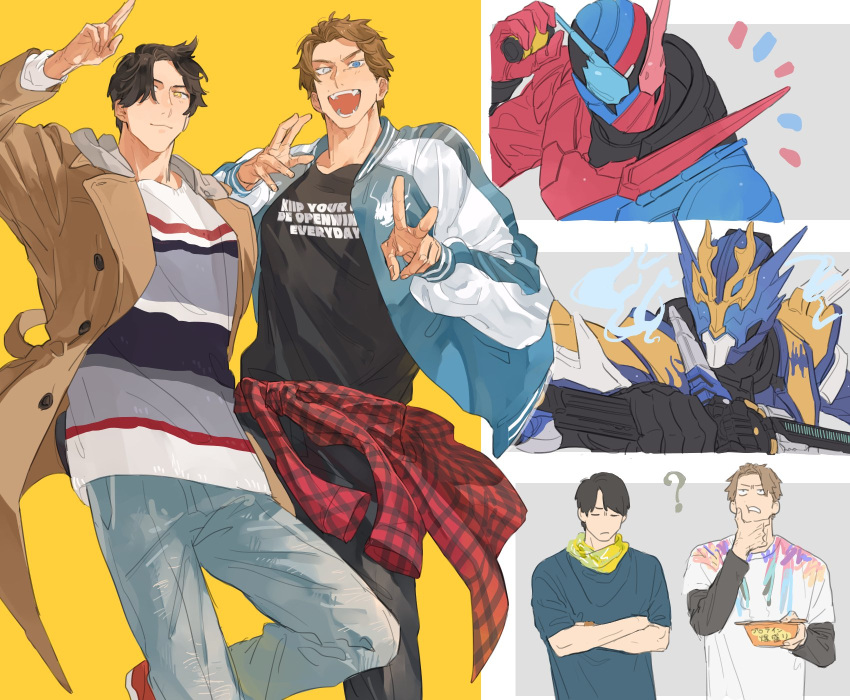 2boys, ?, banjou_ryuuga, bbbb_fex, black_hair, black_shirt, blue_armor, blue_eyes, blue_jacket, bowl, brown_hair, brown_jacket, clothes_around_waist, commentary_request, cross-z_dragon, crossed_arms, dragon, eating, fire, flame, flame_print, flannel, fullbottle, grey_eyes, ground_vehicle, hair_over_one_eye, heterochromia, highres, holding, holding_weapon, jacket, jersey, kamen_rider, kamen_rider_build, kamen_rider_build_(series), kamen_rider_cross-z, kiryuu_sento, long_jacket, military, military_vehicle, motor_vehicle, multiple_boys, rabbit, rabbit+tank_form, rabbit+tank_form_(best_match), red_eyes, scarf, shirt, shirt_around_waist, striped, striped_shirt, sword, tank, thinking, undershirt, upper_body, v, weapon, western_dragon, yellow_eyes, yellow_scarf