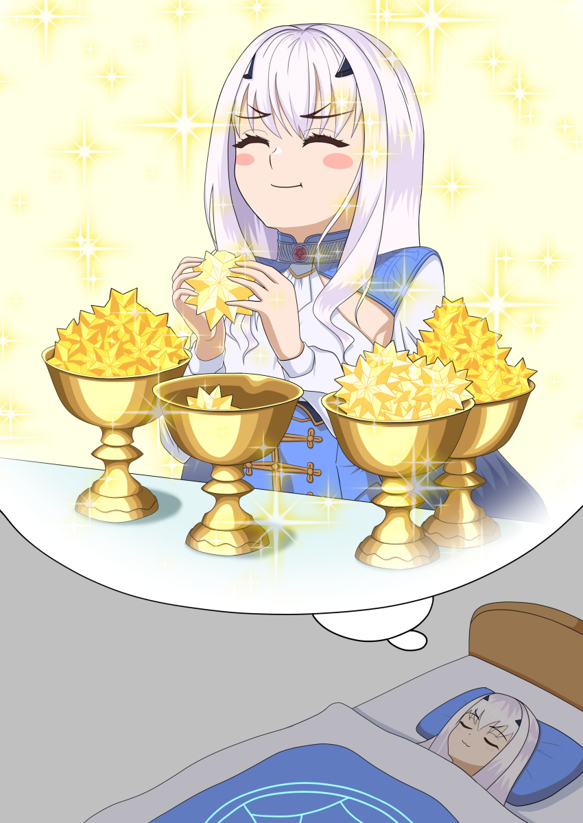 1girl, absurdres, bed, closed_eyes, dreaming, eating, fairy_knight_lancelot_(fate), fairy_knight_lancelot_(second_ascension)_(fate), fate/grand_order, fate_(series), highres, holy_grail_(fate), sleeping, user_hxhr3342, white_hair