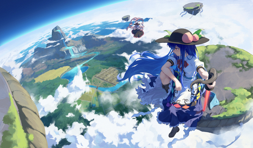 2girls, absurdres, apron, atkdog, black_headwear, black_skirt, blue_hair, blue_skirt