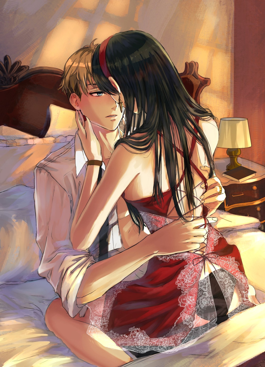 1boy, 1girl, back, bed, bed_sheet, bedroom, black_hair, black_panties, blonde_hair, blue_eyes, book, couple, earrings, face-to-face, from_behind, gold_earrings, hairband, henoopd, hetero, highres, husband_and_wife, imminent_kiss, jewelry, lamp, lingerie, long_hair, loose_necktie, necktie, negligee, on_bed, open_clothes, open_shirt, panties, parted_lips, pillow, red_hairband, red_nails, short_hair, spy_x_family, straddling, straight_hair, torso_grab, twilight_(spy_x_family), underwear, yor_briar