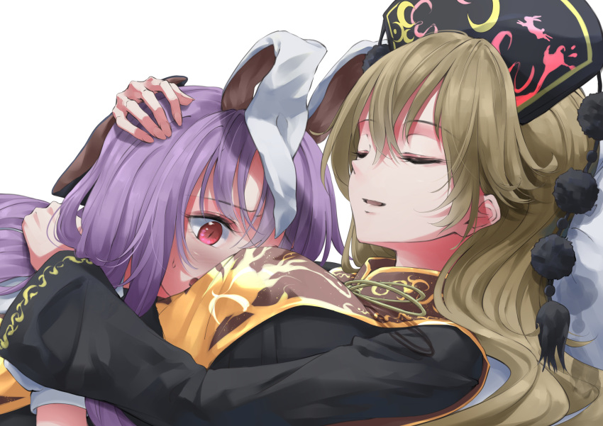2girls, animal_ears, black_dress, blonde_hair, breasts, chinese_clothes, closed_eyes, comforting