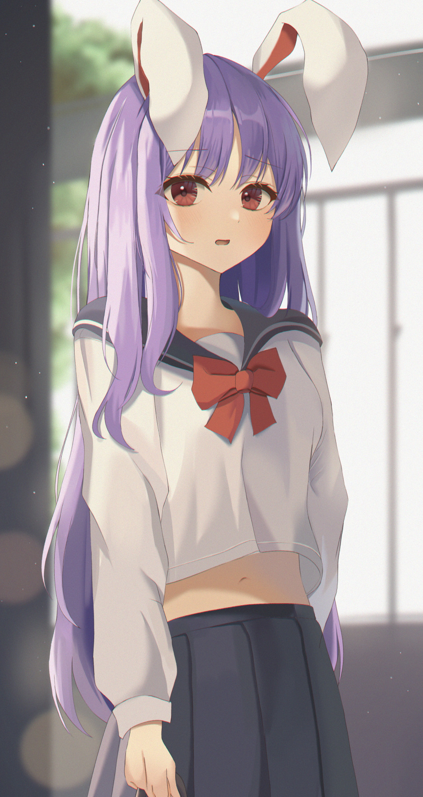 1girl, absurdres, alternate_costume, animal_ears, aohane, bangs, black_skirt, blurry, blurry_background, bokeh, commentary_request, cowboy_shot, depth_of_field, eyebrows_visible_through_ear, eyebrows_visible_through_hair, highres, indoors, long_hair, long_sleeves, looking_at_viewer, midriff, navel, pleated_skirt, purple_hair, rabbit_ears, red_eyes, reisen_udongein_inaba, sailor_collar, school_uniform, serafuku, shirt, skirt, solo, standing, touhou, very_long_hair, white_shirt