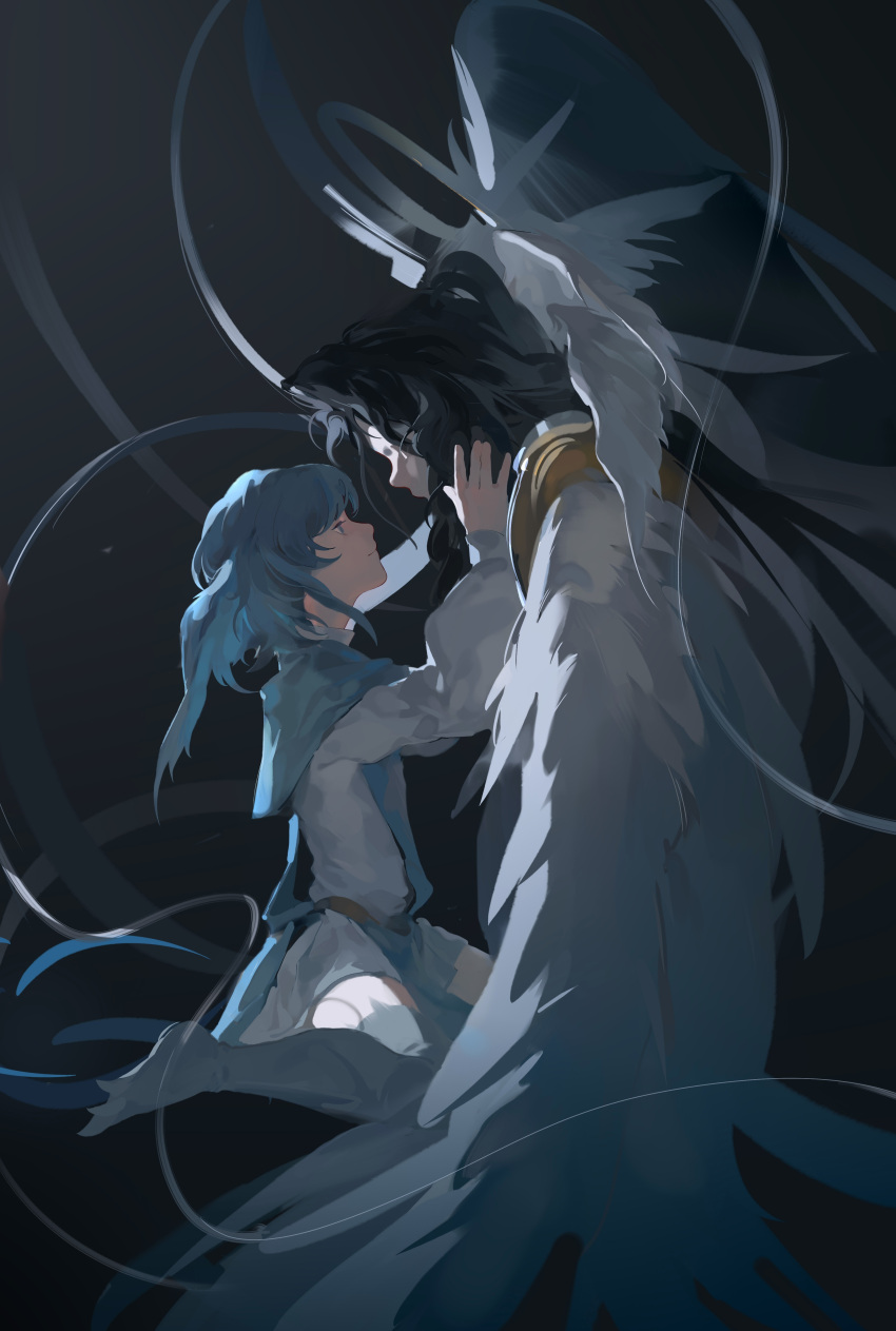 2girls, absurdres, alternate_size, bird_girl, bird_legs, bird_tail, bird_wings, black_background