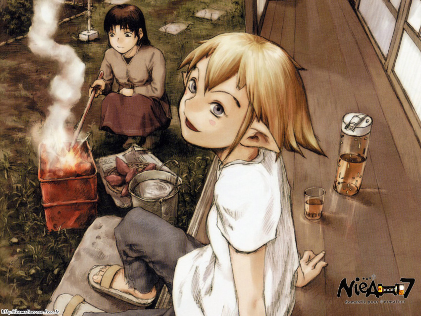 2girls, blonde_hair, blue_eyes, blush_stickers, brown_eyes, brown_hair, bucket, chigasaki_mayuko