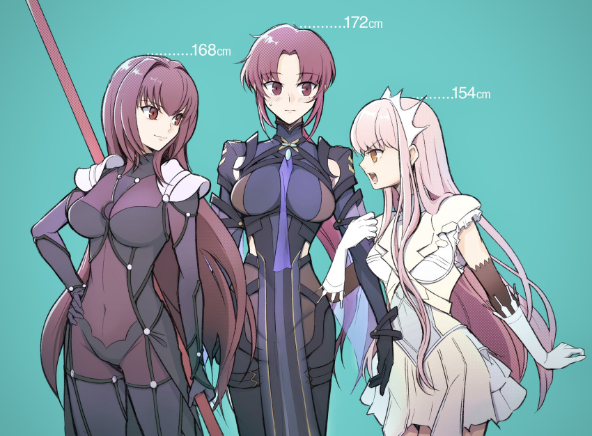 3girls, arm_grab, armor, bazett_fraga_mcremitz, bodysuit, breasts, covered_navel, cowboy_shot, fate/grand_order, fate_(series), gae_bolg_(fate), hair_intakes, height_difference, highres, holding_another's_arm, kassan_(kassan_5a), large_breasts, looking_at_another, manannan_mac_lir_(fate), manannan_mac_lir_(second_ascension)_(fate), medb_(fate), mole, multiple_girls, pauldrons, pink_hair, polearm, purple_hair, red_eyes, scathach_(fate), short_hair, shoulder_armor, size_difference, smile, spear, tiara, weapon, yellow_eyes