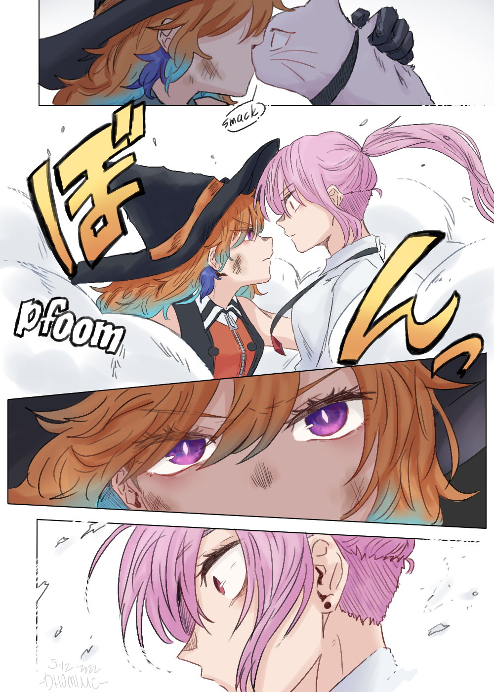 2girls, 5_seconds_before_a_witch_fall_in_love, bangs, blush, derivative_work, dhominic25, earrings, eyebrows_visible_through_hair, feather_earrings, feathers, gradient_hair, highres, hololive, hololive_english, jewelry, kiss, long_hair, manga_panel_redraw, mori_calliope, multicolored_hair, multiple_girls, orange_hair, parody, pink_hair, takanashi_kiara, virtual_youtuber, yuri