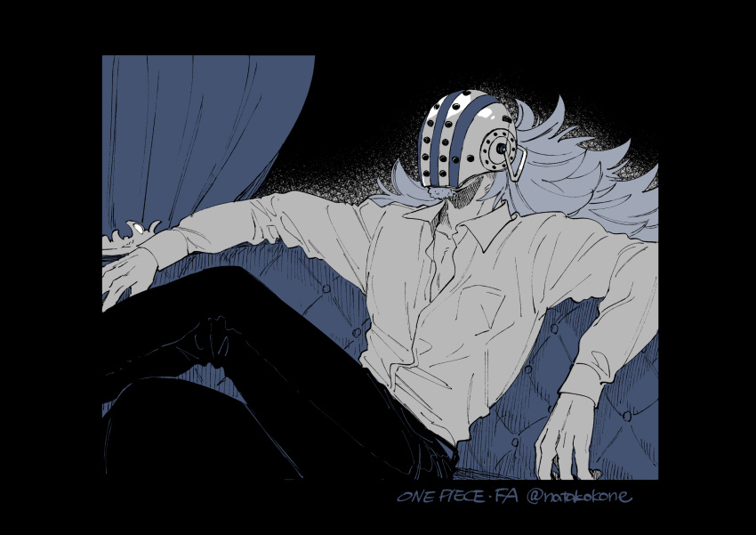 1boy, alternate_costume, coach, crossed_legs, curtains, helmet, highres, killer_(one_piece)