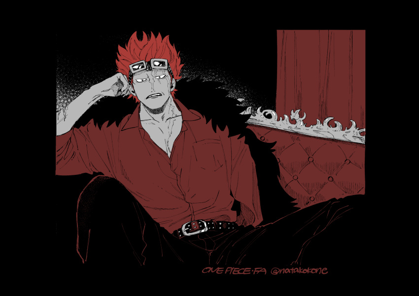 1boy, alternate_costume, coach, coat, curtains, eustass_captain_kid, eyewear_on_head, glaring