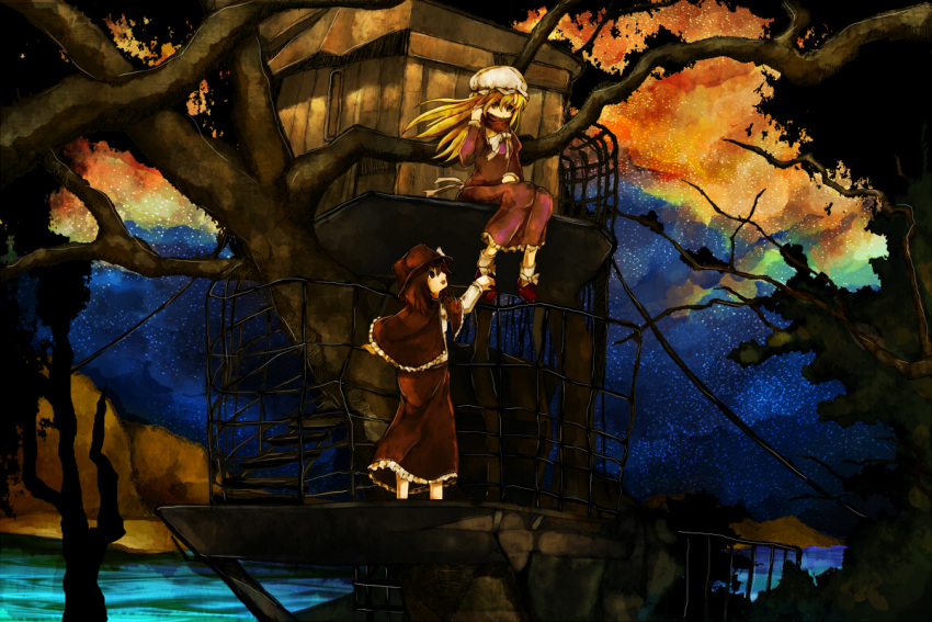 blonde_hair, brown_hair, capelet, hat, lake, maribel_hearn, multiple_girls, nature, scarf, scenery, tokoroten_(hmmuk), touhou, tree, treehouse, usami_renko