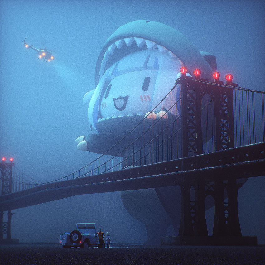 1boy, 2girls, absurdres, aircraft, bridge, character_request, cyan_(lilillililxx), dinosaur_costume, film_grain, gawr_gura, giant, giantess, helicopter, highres, hololive, hololive_english, multiple_girls, night, outdoors, virtual_youtuber, watson_amelia