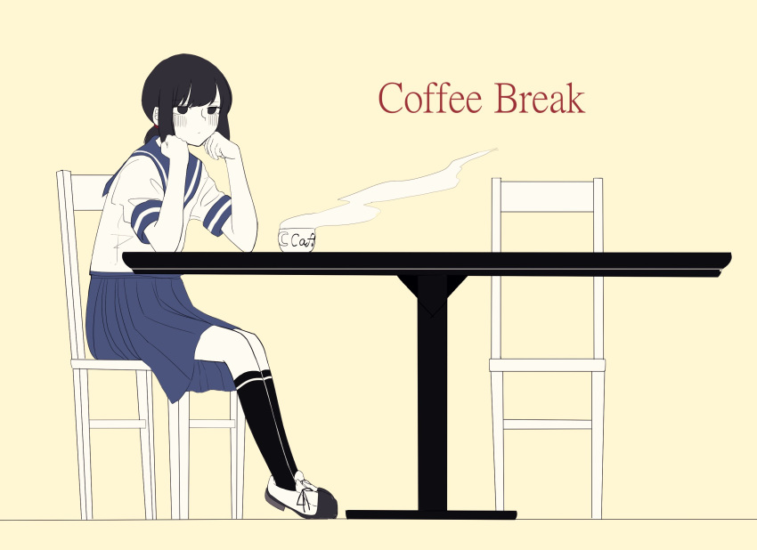 1girl, black_eyes, black_hair, black_legwear, blue_sailor_collar, blue_skirt, chair, chitosan