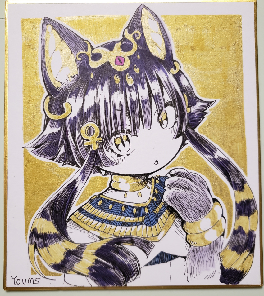 1girl, absurdres, androgynous, animal_ears, animal_hands, artist_name, bastet, black_hair