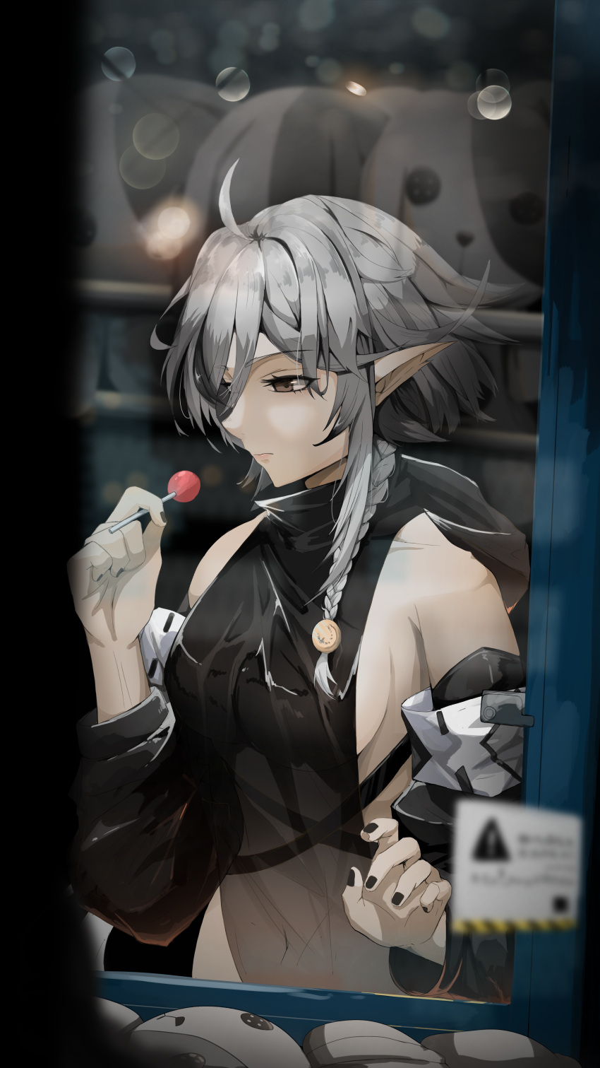 1girl, absurdres, ahoge, arknights, bangs, bare_shoulders, black_nails, braid