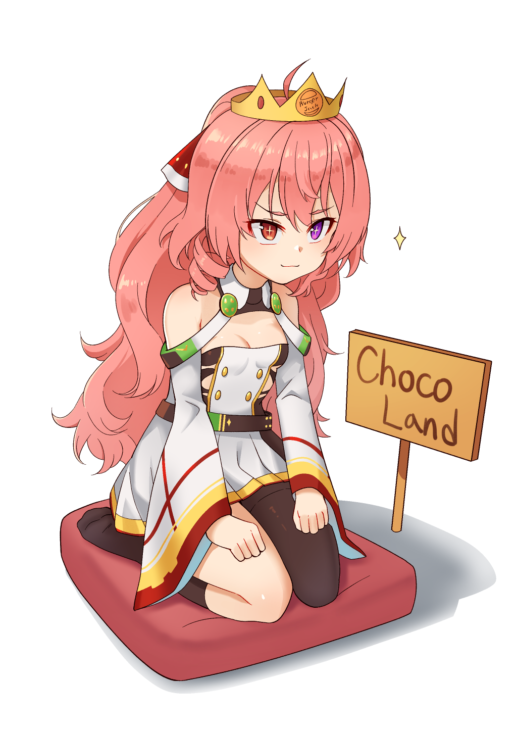+_+, 1girl, :3, ahoge, ajidot, asymmetrical_legwear, bangs, black_legwear, dress, english_text, hair_ribbon, heterochromia, highres, kneehighs, last_origin, melite_(last_origin), one_side_up, paper_crown, pink_hair, pleated_dress, red_eyes, ribbon, seiza, sign, signpost, simple_background, single_drill, single_kneehigh, single_thighhigh, sitting, solo, thigh-highs, violet_eyes, white_background, wide_sleeves