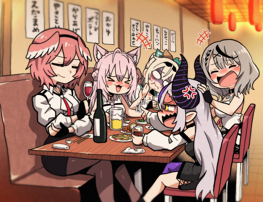 >_<, 0_0, 5girls, absurdres, ahoge, anger_vein, animal_ears, beer_mug