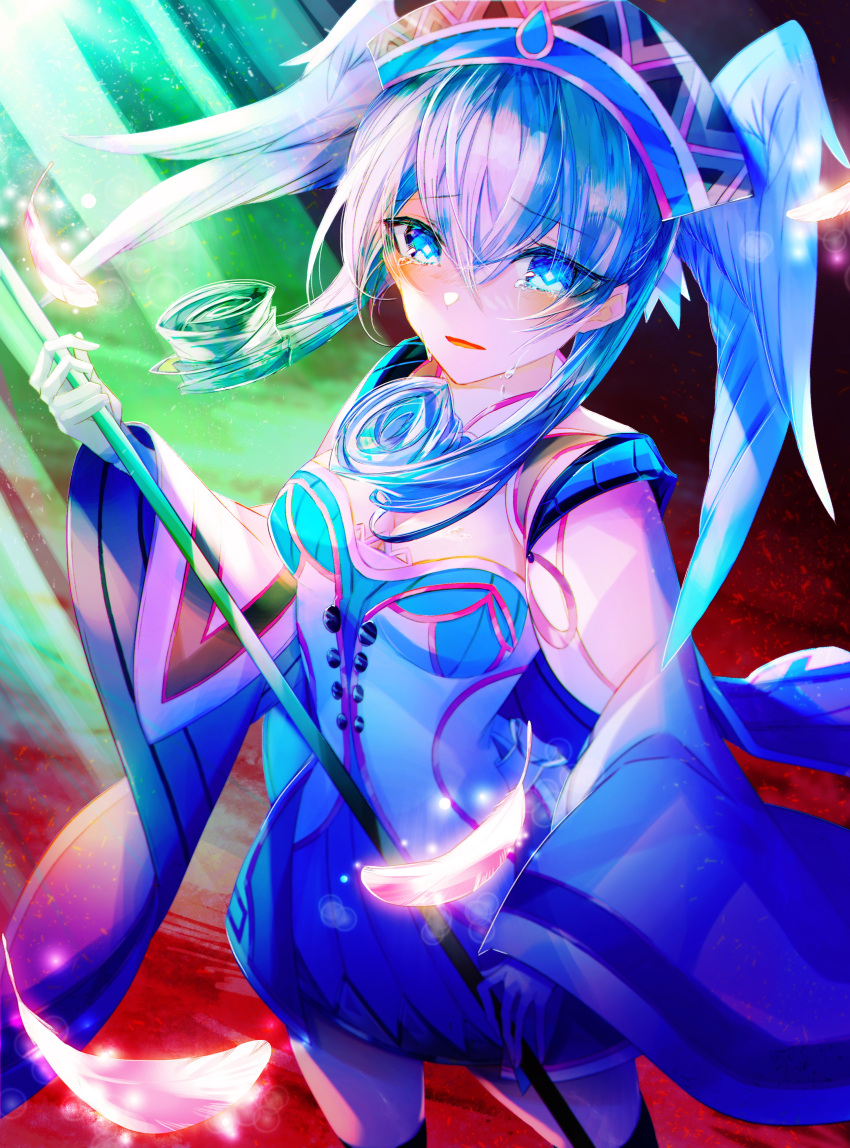 1girl, absurdres, blue_eyes, braid, cape, crown_braid, crying, dress