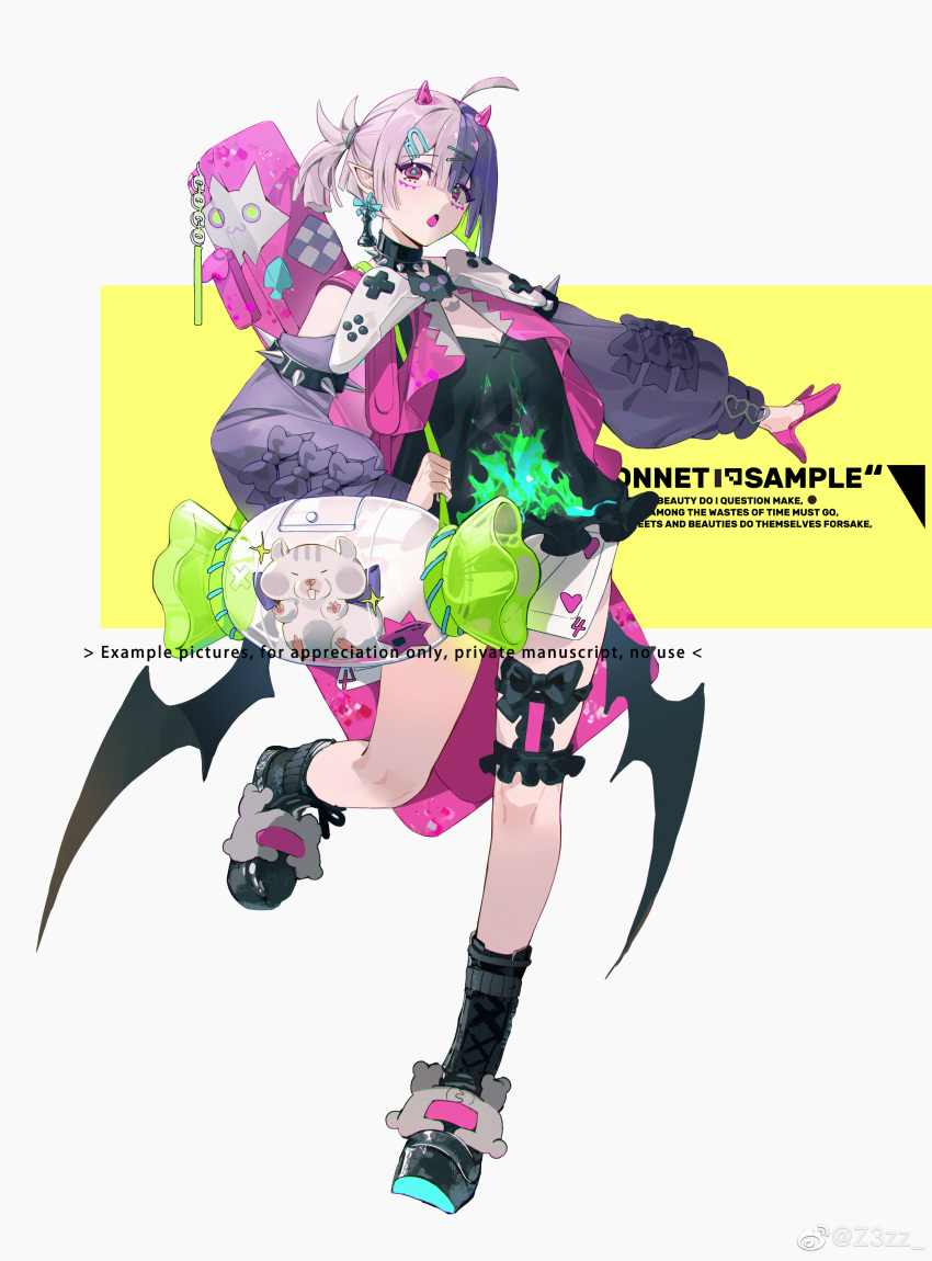 1girl, absurdres, ahoge, bag, black_footwear, black_hair, black_shirt, breasts, chess_piece, controller, demon_horns, earrings, four_of_hearts, full_body, game_controller, gloves, grey_hair, hair_between_eyes, hair_tie, hamster, highres, holding_strap, horns, instrument_case, instrument_on_back, jacket, jewelry, long_sleeves, looking_at_viewer, low_wings, multicolored_hair, open_mouth, original, pink_jacket, pointy_ears, puffy_long_sleeves, puffy_sleeves, purple_gloves, purple_hair, shirt, shoulder_bag, single_glove, solo, split-color_hair, standing, standing_on_one_leg, two-tone_hair, violet_eyes, wings, z3zz4