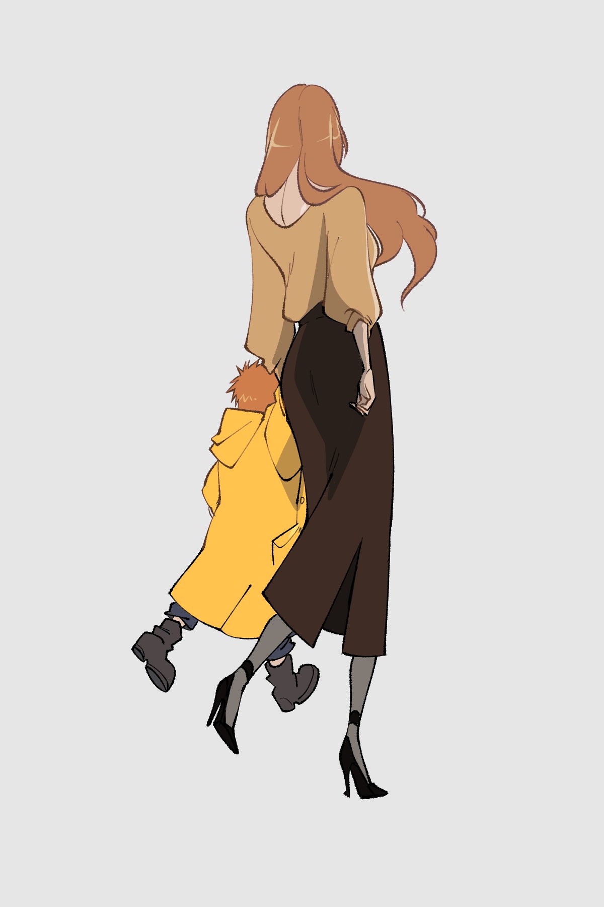 1boy, 1girl, back, black_footwear, bleach, boots, brown_hair, brown_skirt