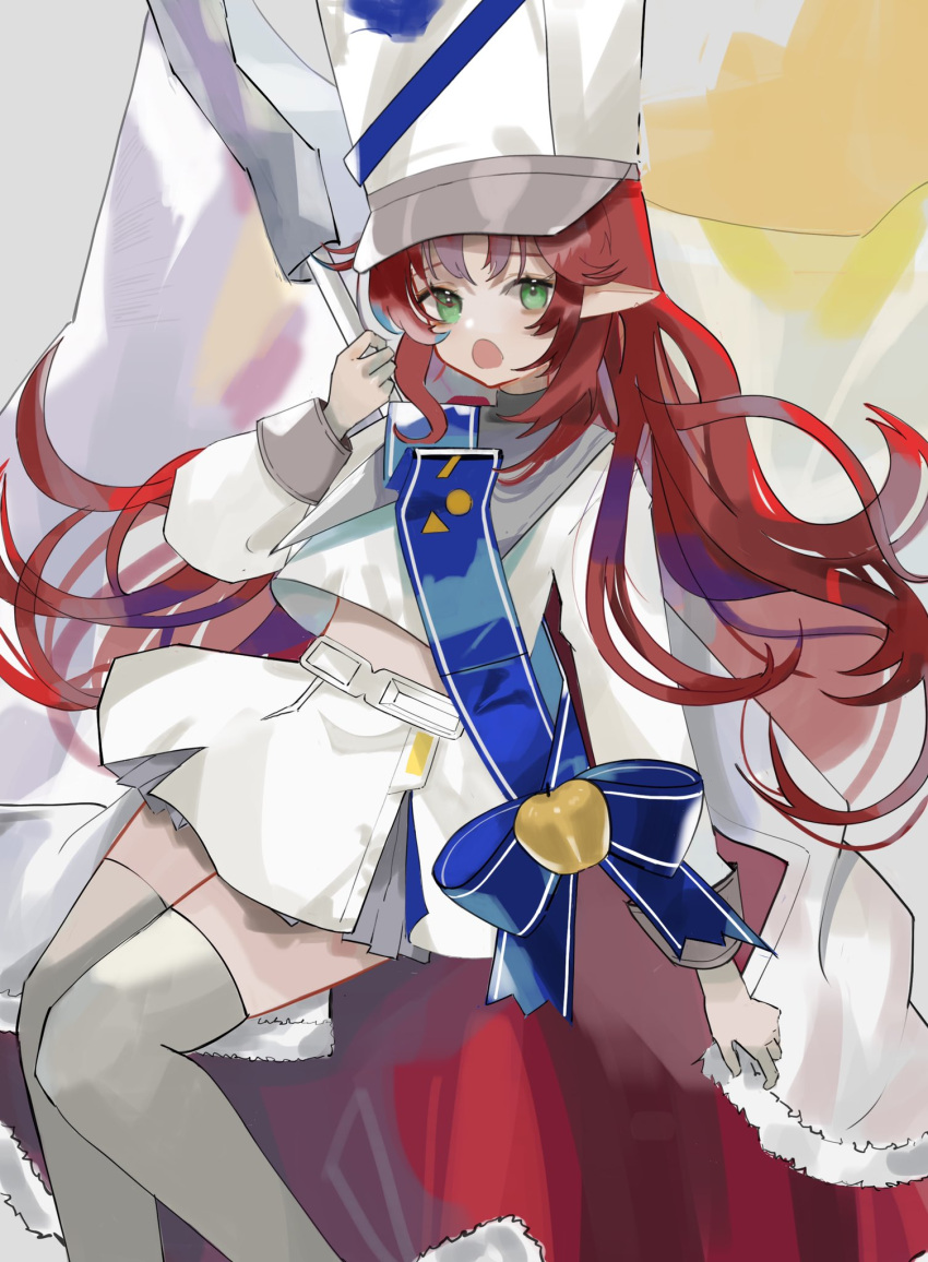 1girl, :o, apple, arknights, bangs, blue_bow, bow, cape, enne_kl, eyebrows_visible_through_hair, feet_out_of_frame, flag, food, fruit, fur-trimmed_cape, fur_trim, golden_apple, green_eyes, grey_legwear, highres, holding, holding_flag, layered_skirt, long_hair, long_sleeves, looking_at_viewer, midriff_peek, miniskirt, myrtle_(arknights), myrtle_(light_gold_celebration)_(arknights), official_alternate_costume, open_mouth, parted_bangs, red_cape, redhead, sash, skirt, solo, thigh-highs, very_long_hair, white_headwear, white_skirt, zettai_ryouiki