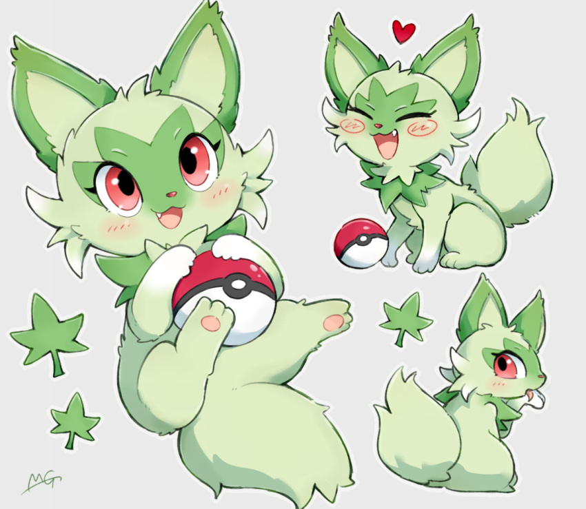 :d, blush, commentary_request, fang, happy, heart, holding, holding_poke_ball