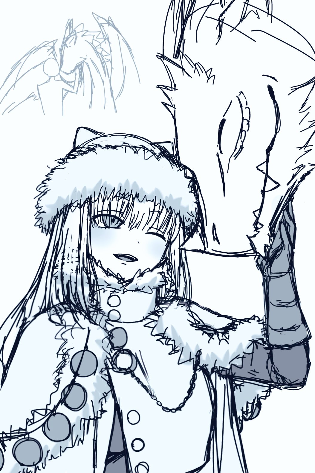 1girl, cape, dobrynya_nikitich_(fate), dragon, fate/grand_order, fate_(series), fur-trimmed_cape, fur-trimmed_headwear, fur_trim, gloves, highres, long_hair, mineda_mayu, one_eye_closed, petting, sketch