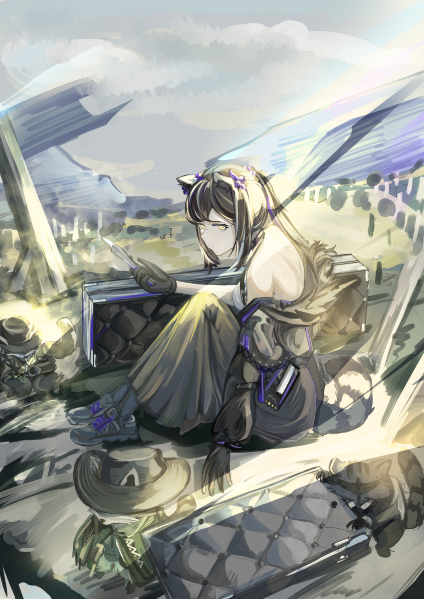 1girl, absurdres, animal_ears, arknights, bare_shoulders, black_hair, chinese_commentary, commentary_request, dress, fedora, gloves, grey_dress, grey_footwear, grey_gloves, grey_headwear, hat, hat_removed, headwear_removed, highres, holding, holding_knife, holding_weapon, knife, long_hair, looking_at_viewer, mizuhashi_parusui, off_shoulder, official_alternate_costume, outdoors, raccoon, raccoon_ears, raccoon_tail, robin_(arknights), robin_(gift_of_wild)_(arknights), shoes, solo, tail, weapon, yellow_eyes