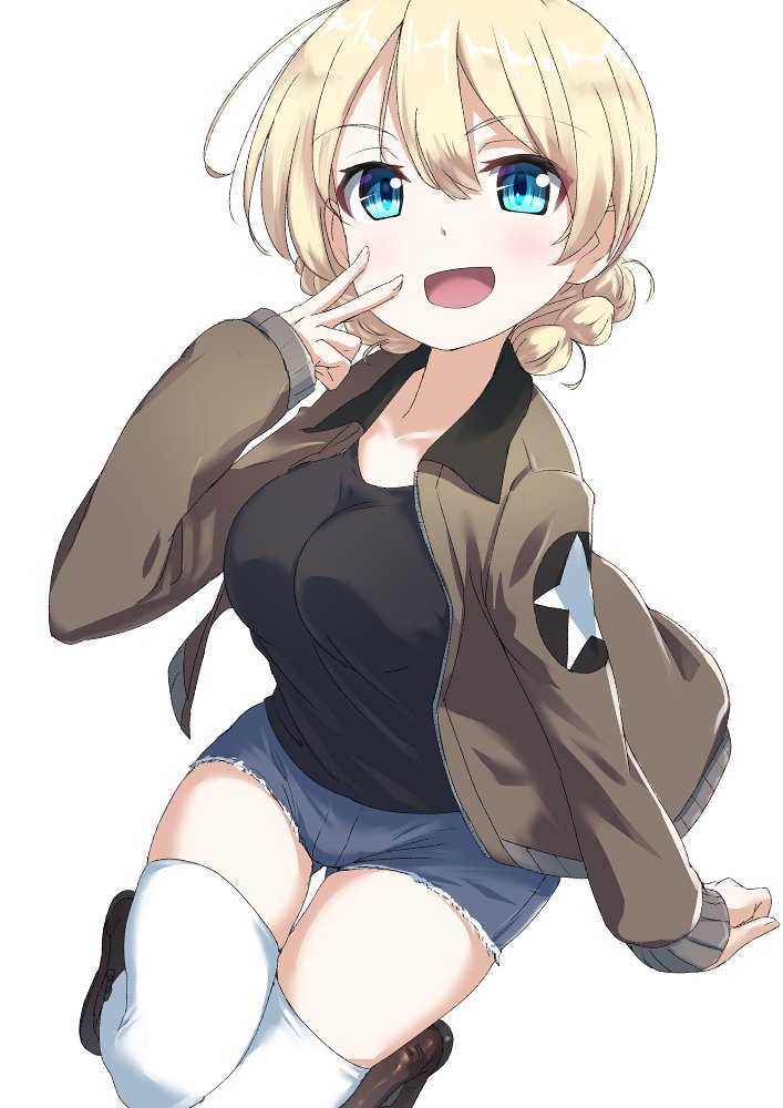 1girl, black_tank_top, blonde_hair, blue_eyes, braid, breasts, brown_footwear, buchikaki
