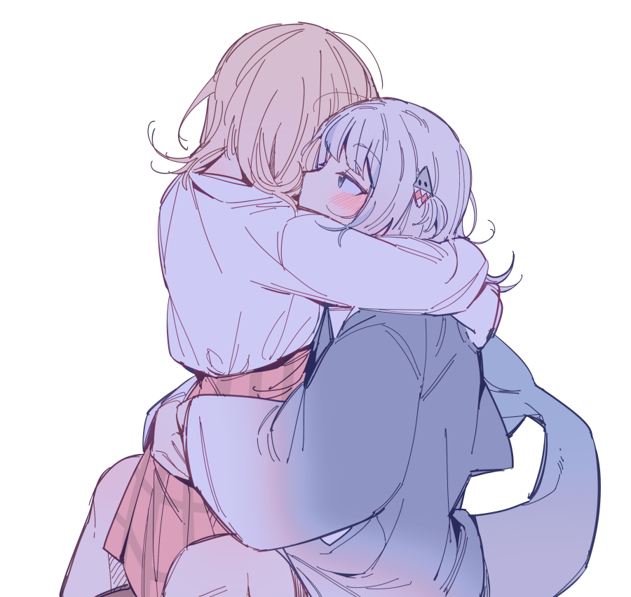 2girls, arms_around_neck, arms_around_waist, blonde_hair, blue_eyes, blue_hair, blush, commentary, english_commentary, fish_tail, from_side, gawr_gura, hololive, hololive_english, hug, long_sleeves, medium_hair, mitsumine_(ookami_no_oyashiro), multicolored_hair, multiple_girls, plaid, plaid_skirt, profile, shark_girl, shark_tail, shirt, sketch, skirt, streaked_hair, tail, virtual_youtuber, watson_amelia, white_background, white_hair, white_shirt, yuri