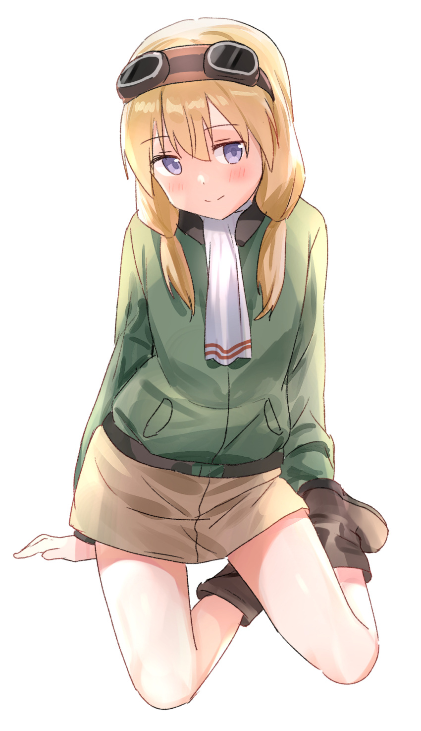 1girl, blonde_hair, blush, brown_footwear, brown_skirt, carla_j._luksic, goggles, goggles_on_head, green_jacket, hair_between_eyes, highres, jacket, medium_hair, mejina, noble_witches, scarf, sidelocks, skirt, smile, solo, violet_eyes, white_background, white_scarf, world_witches_series